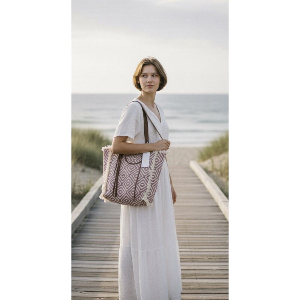 NWT Raj’s Anthropologie Boho Fringe Tote Pink Tribal Woven Bag- Coastal Beach
